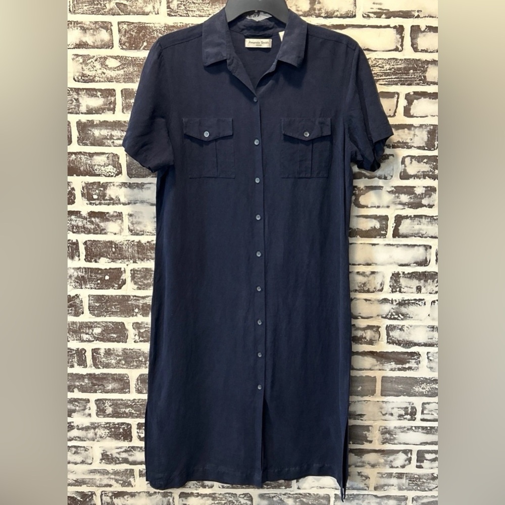 Navy Linen/Silk Button-Front Shirt Dress